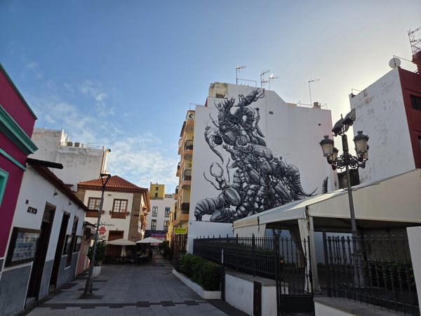Mural de arte urbano en Puerto de la Cruz con una gran ilustración en blanco y negro sobre la fachada de un edificio, en una calle peatonal del casco histórico.